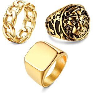 3Pcs 14K Gold Plated Rings for Men Chunky Cuban Link Ring